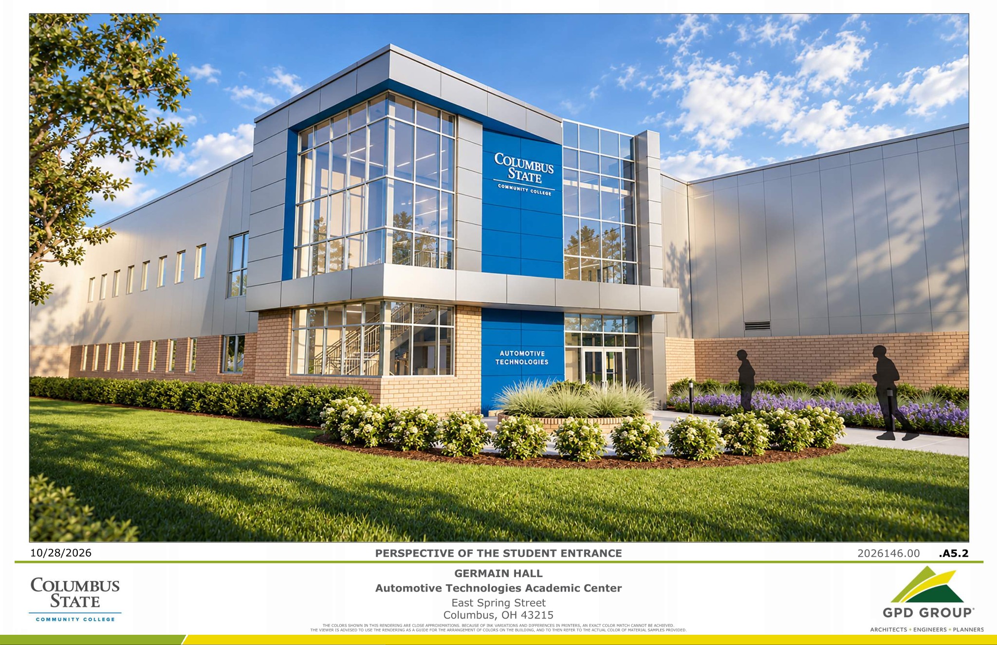 Architectural rendering of the two-story student entrance of Germain Hall showing glass curtain walls, blue accent panels, and brick masonry veneer.