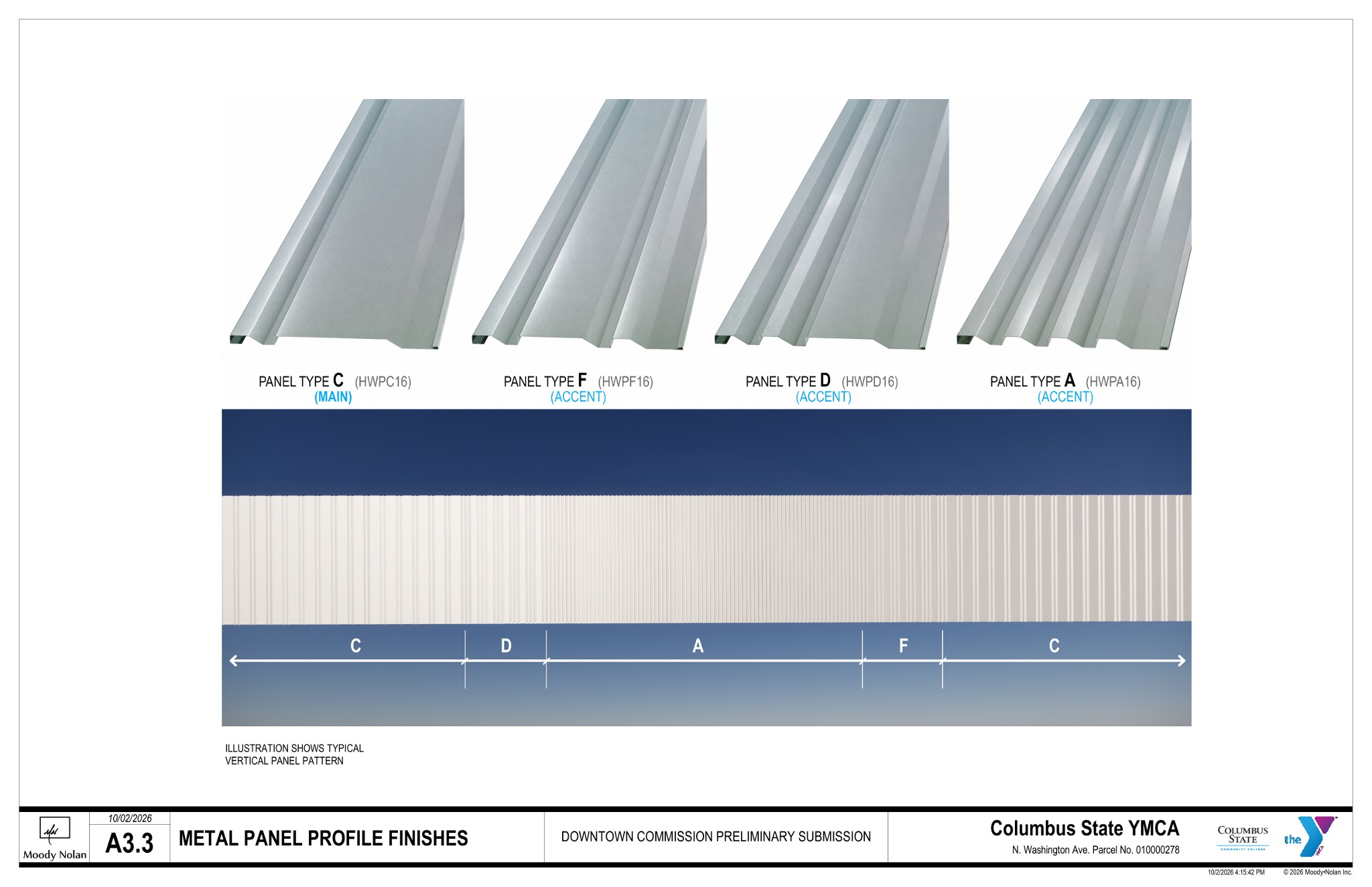 Architectural diagram showing vertical metal panel profiles labeled C, F, D, and A alongside a full-width pattern diagram for the Columbus State YMCA project.