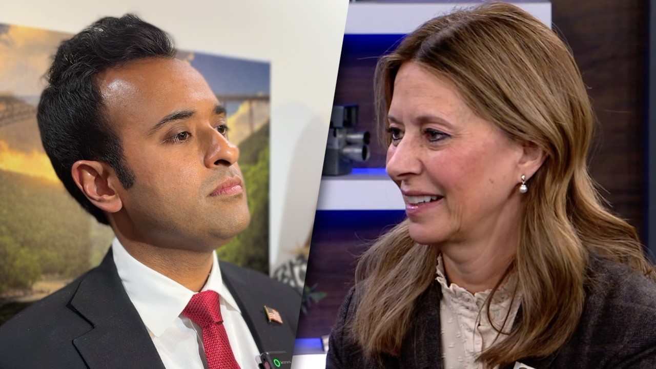 Composite photograph showing Republican gubernatorial candidate Vivek Ramaswamy on the left and Democratic gubernatorial candidate Dr. Amy Acton on the right.