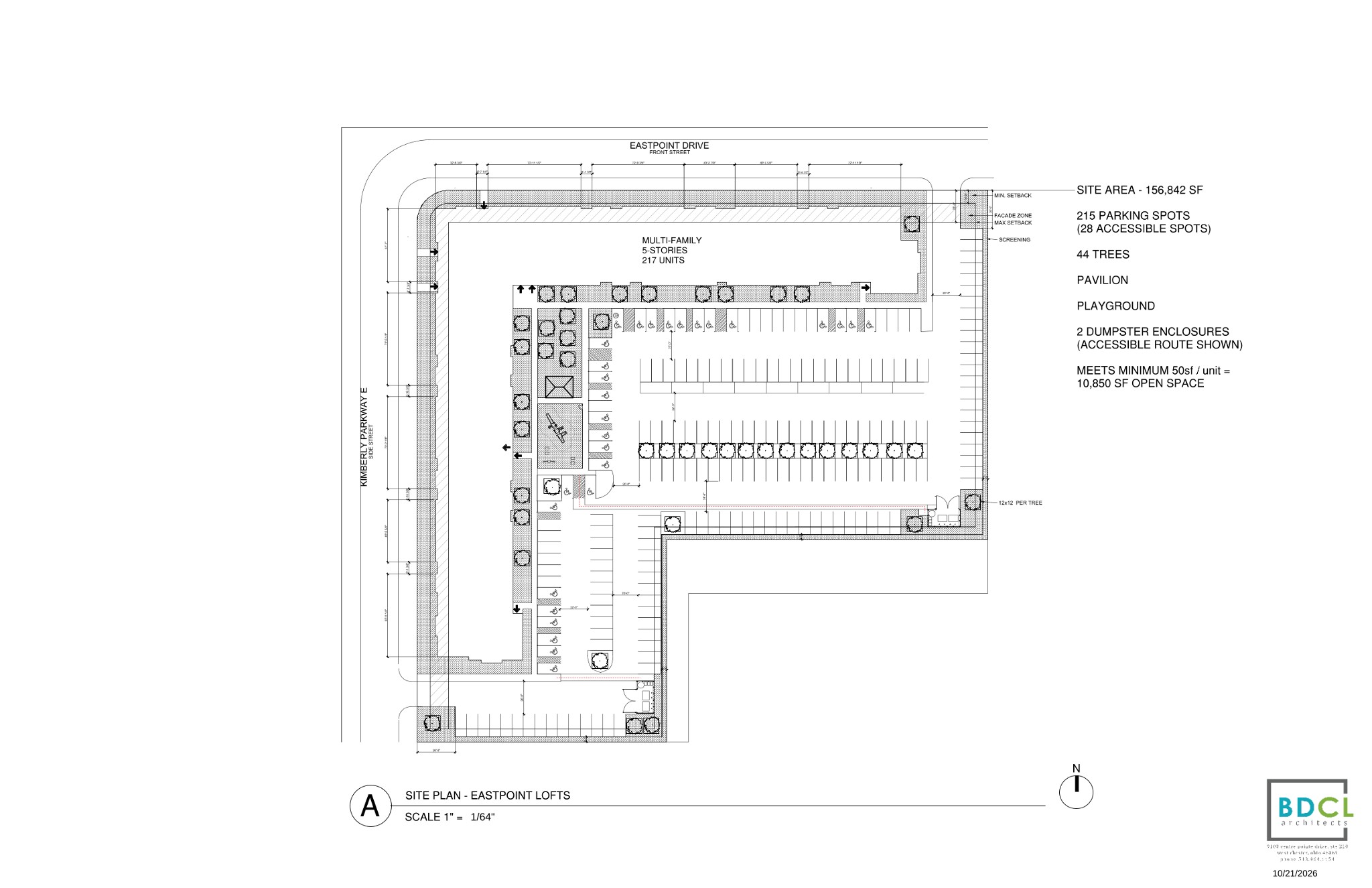 Architectural site plan diagram showing the five-story Eastpoint Lofts building, surface parking lot, pavilion, playground, and tree plantings along Kimberly Parkway East.