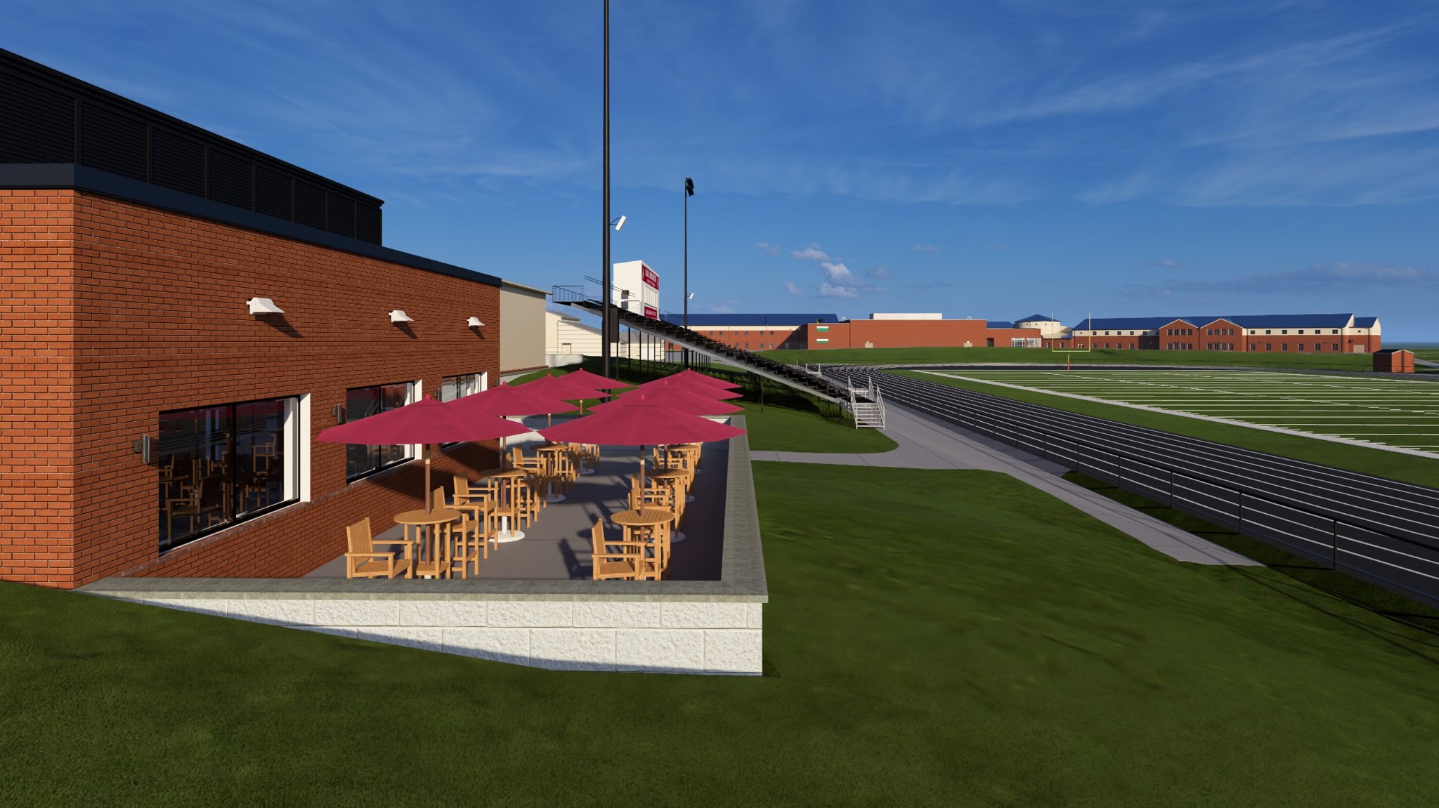 Architectural rendering of a brick field house patio with umbrellas overlooking Weiser Field and Canal Winchester High School campus.