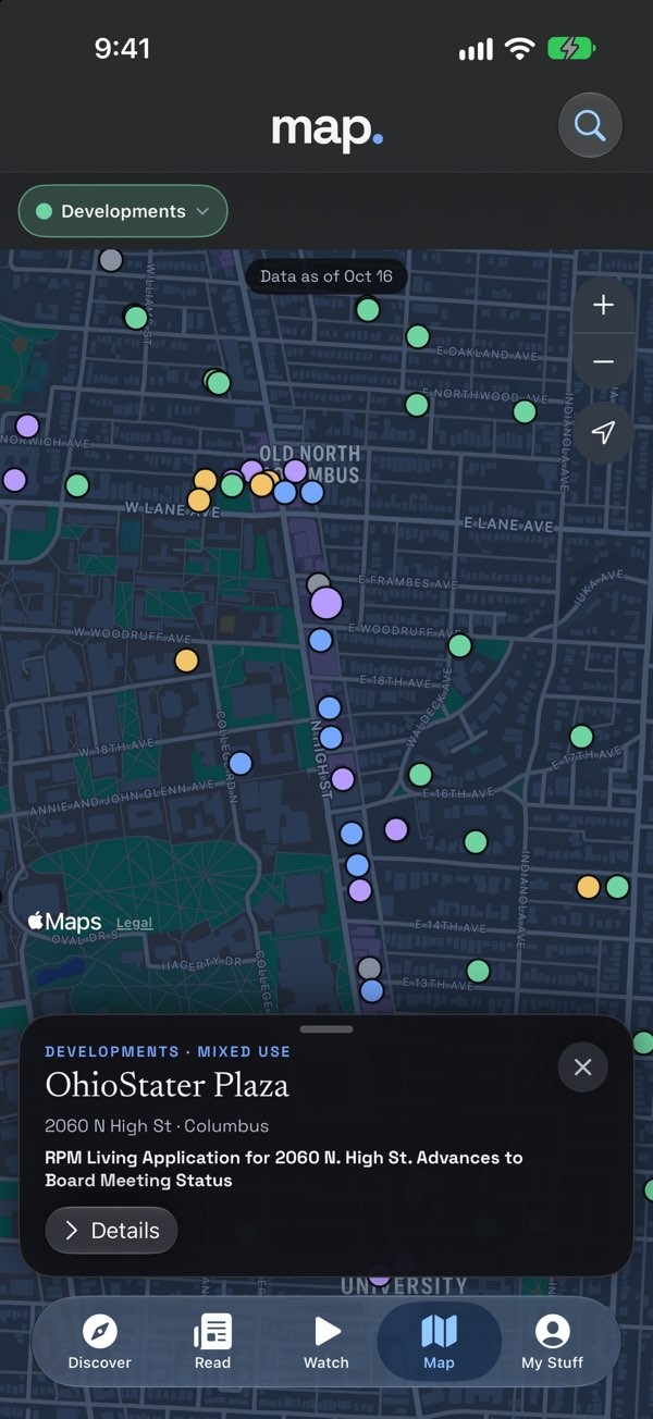 iPhone interface showing Pique Media's dark-mode civic map of Columbus with colored pins and a card detail for OhioStater Plaza.