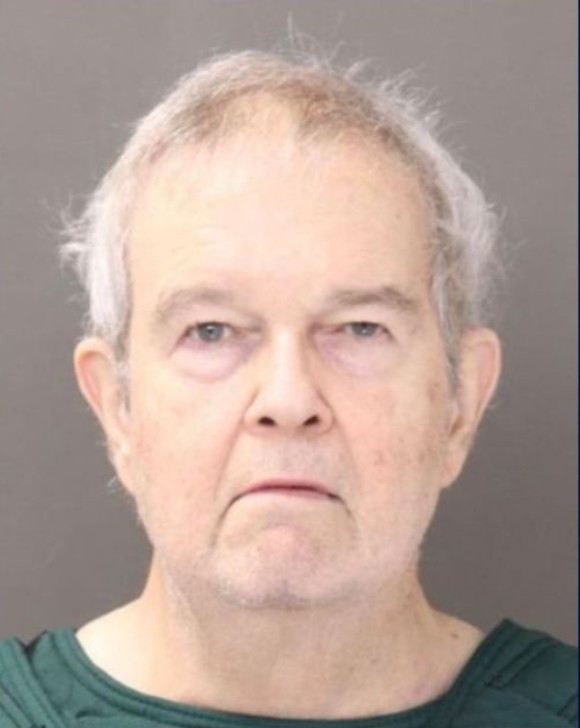 Frontal police mugshot of James Stephen Hill, an elderly Caucasian man with thinning gray hair and a dark green inmate top against a plain gray studio background.