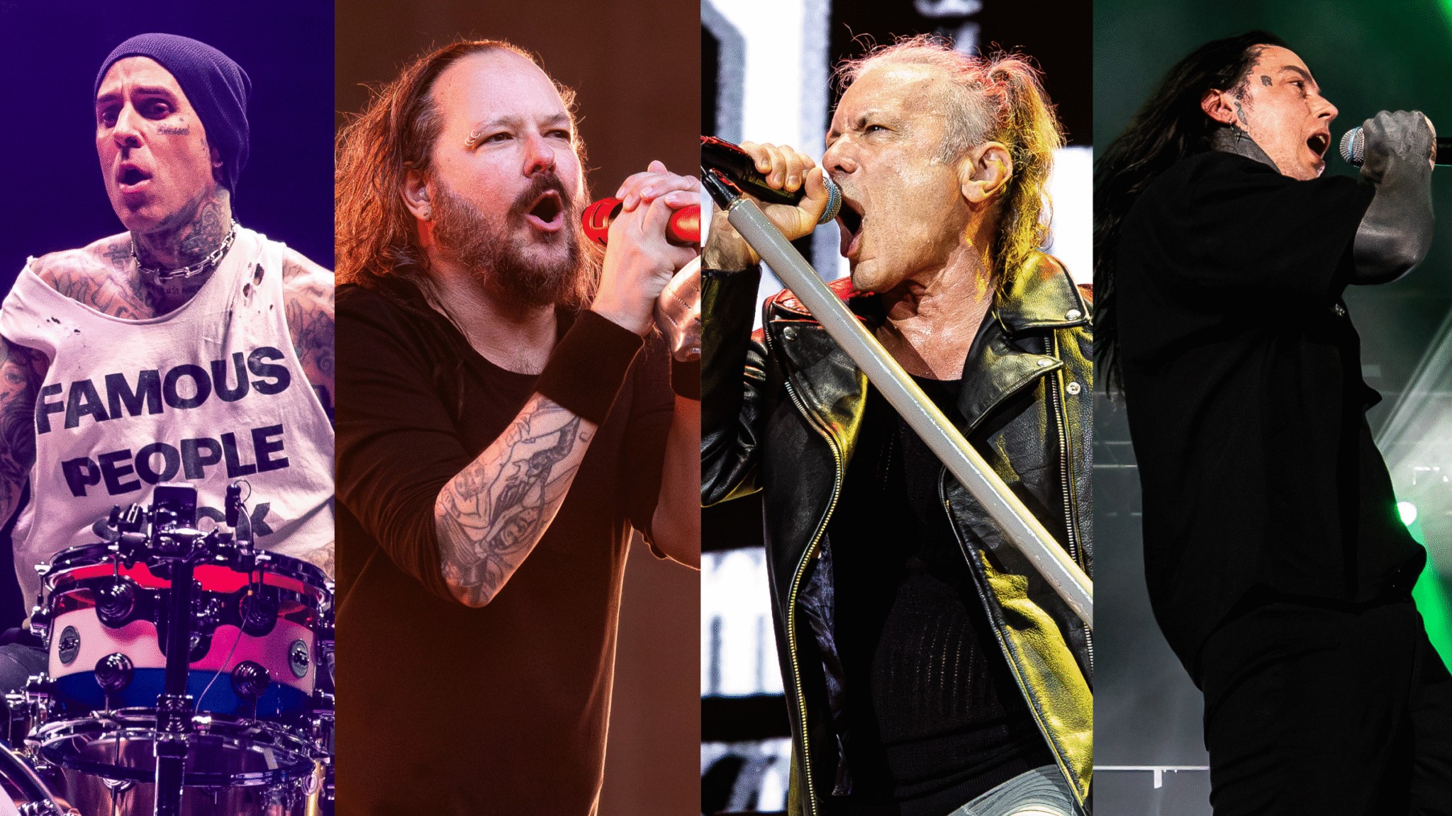 Four-panel headliner composite image for Sonic Temple 2027 featuring Travis Barker of Blink-182, Jonathan Davis of Korn, Bruce Dickinson of Iron Maiden, and Ronnie Radke of Falling in Reverse performing live.