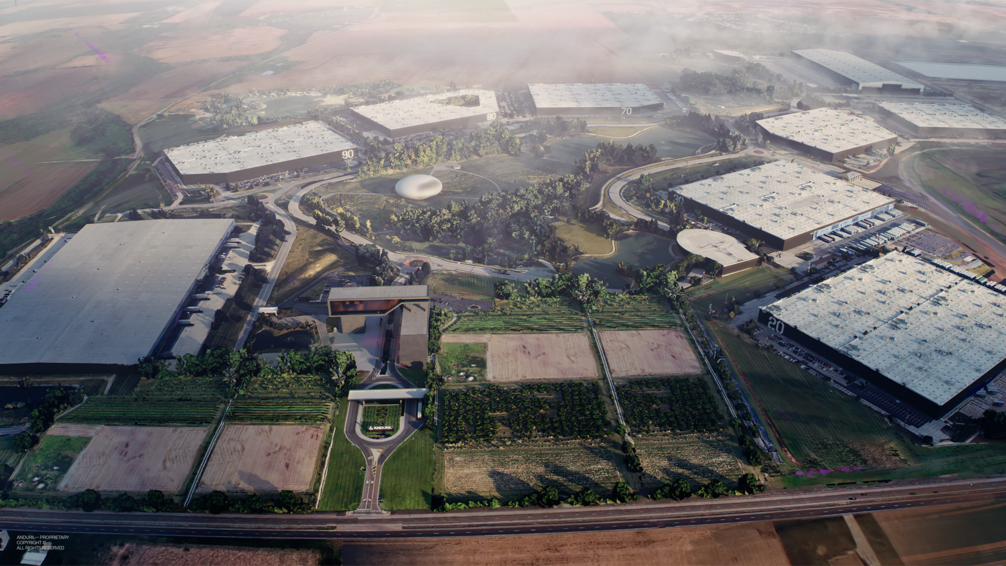 Aerial architectural rendering showing several large industrial manufacturing buildings arranged around green space and retention ponds.