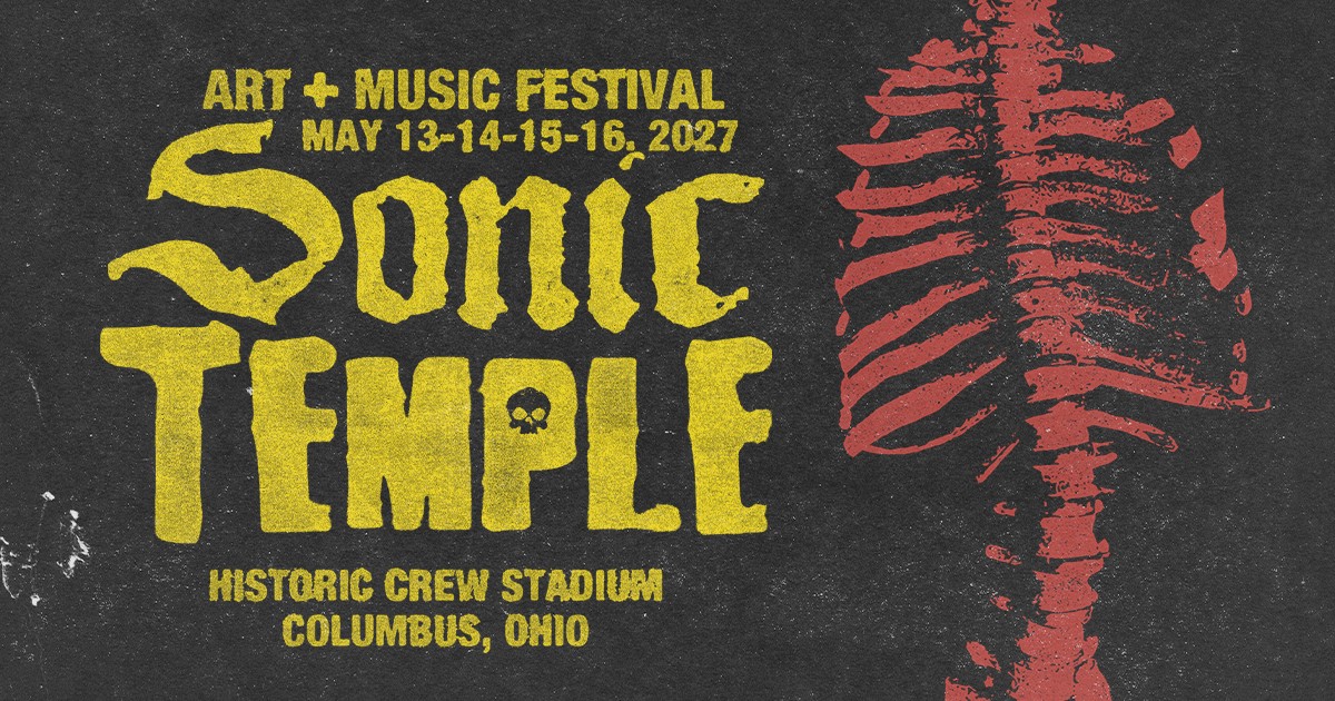 Promotional artwork for Sonic Temple Art and Music Festival 2027 with yellow text and red ribcage graphic.