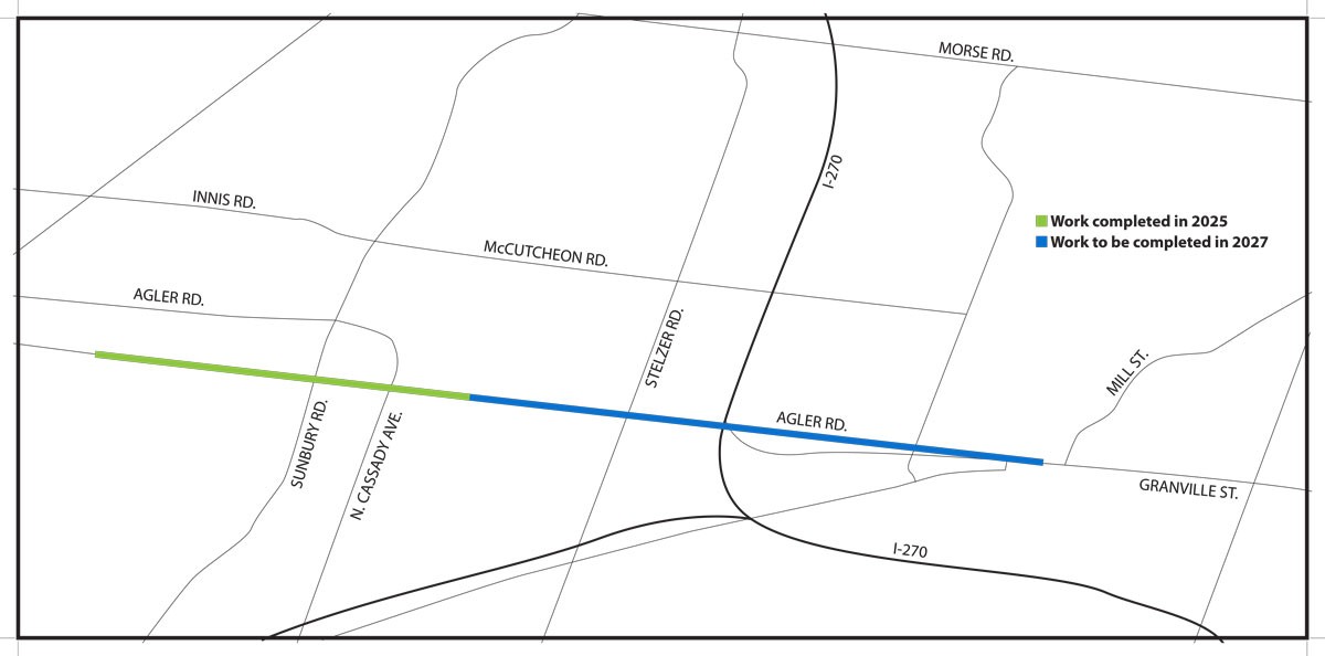 Schematic road map of the Agler Road North Columbus High Pressure pipeline project, showing completed 2025 work in green and scheduled 2027 work in blue crossing under I-270.
