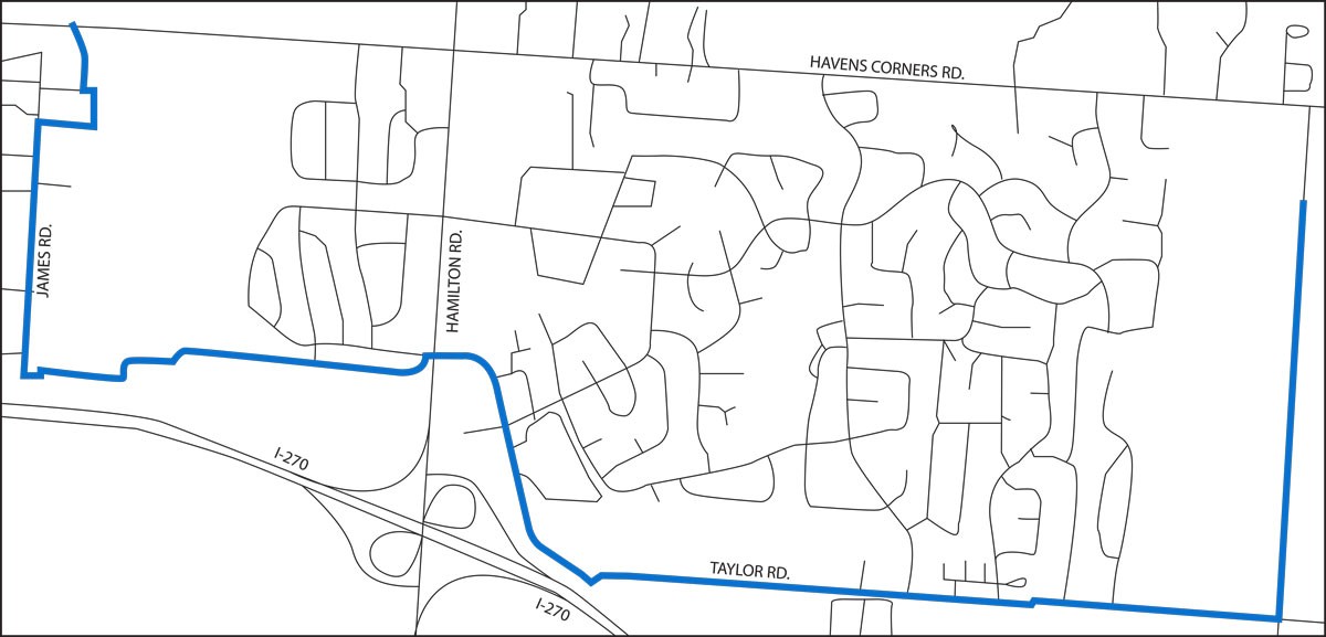 Schematic street map showing the Columbia Gas Gahanna pipeline route in blue along James Road, Hamilton Road, and Taylor Road near I-270.