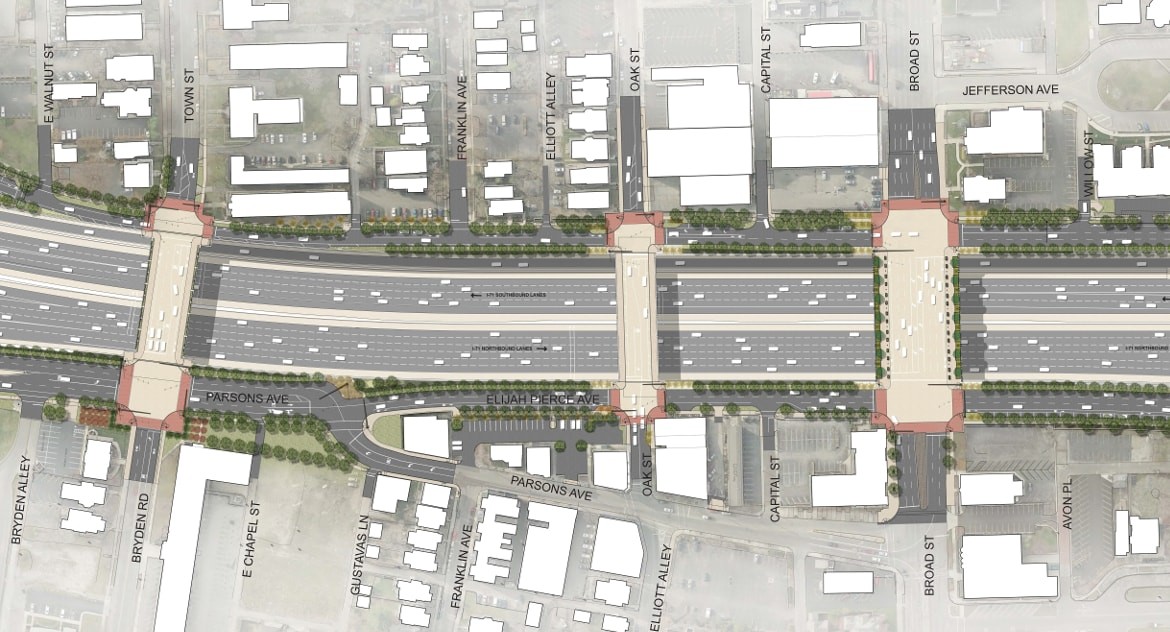 Overhead engineering schematic diagram of Interstate 71 through downtown Columbus showing the sunken highway trench crossed by the Town Street, Oak Street, and Broad Street bridges.