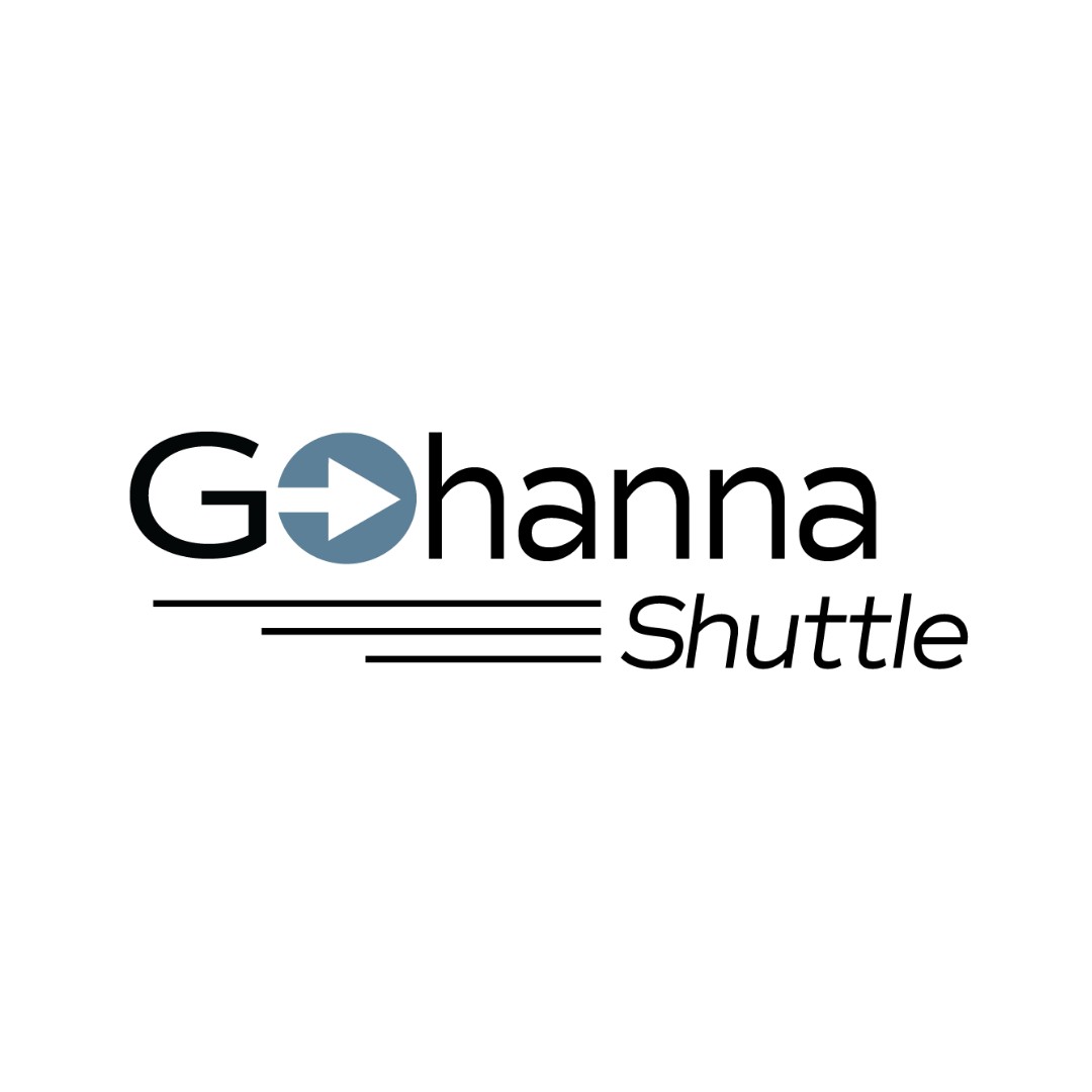 Official logo for the GoHanna Shuttle service featuring black text with a blue arrow circle inside the letter O.