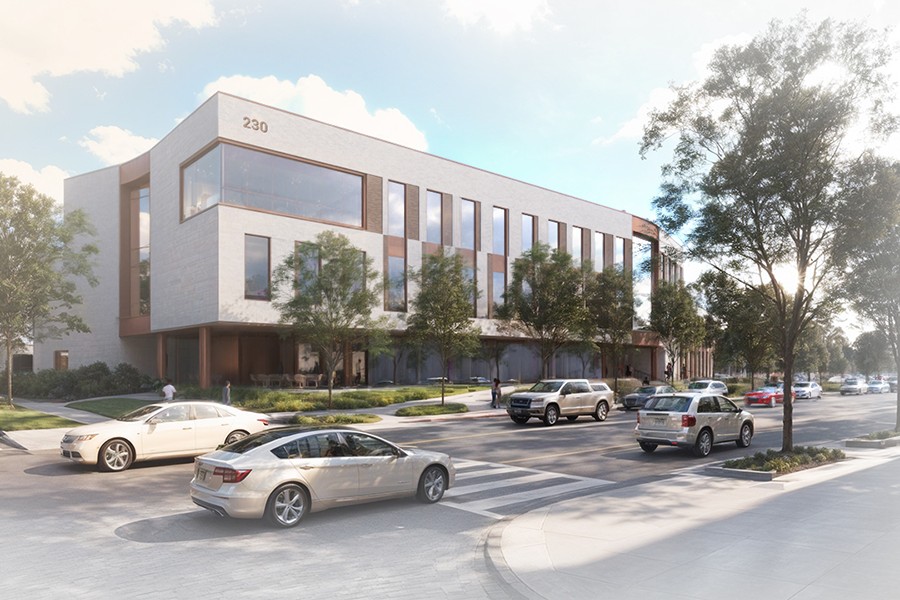 Architectural rendering of the corner of OhioHealth Hall marked with address 230 at Columbus State Community College.