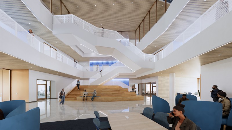 Interior architectural rendering showing a modern, sunlit multi-story campus atrium with tiered wooden seating, white stairs, and blue study booths.