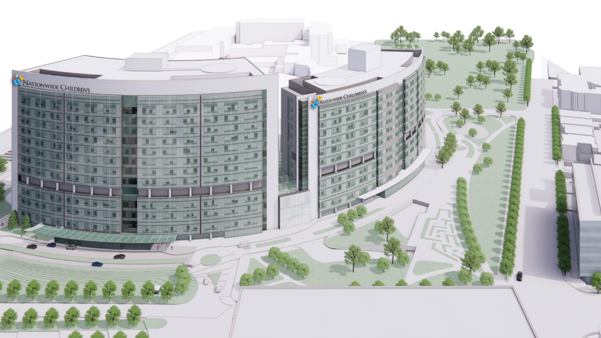 Architectural rendering by NBBJ of the new 12-story Nationwide Children's Hospital inpatient expansion tower alongside the existing hospital tower in Columbus, Ohio.